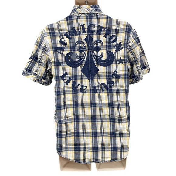 Affliction Other - Affliction Shirt Men M Blue Plaid Edgy Grunge Fleur De Lis Black Premium Button